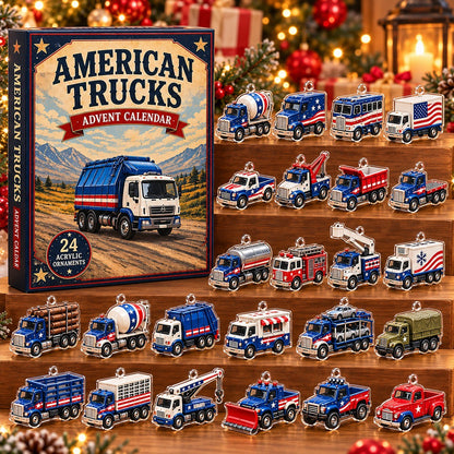 American Trucks Advent Calendar 2026 – 24 Days of Patriotic Truck Acrylic Ornaments, Christmas Countdown Gift for Truck Lovers