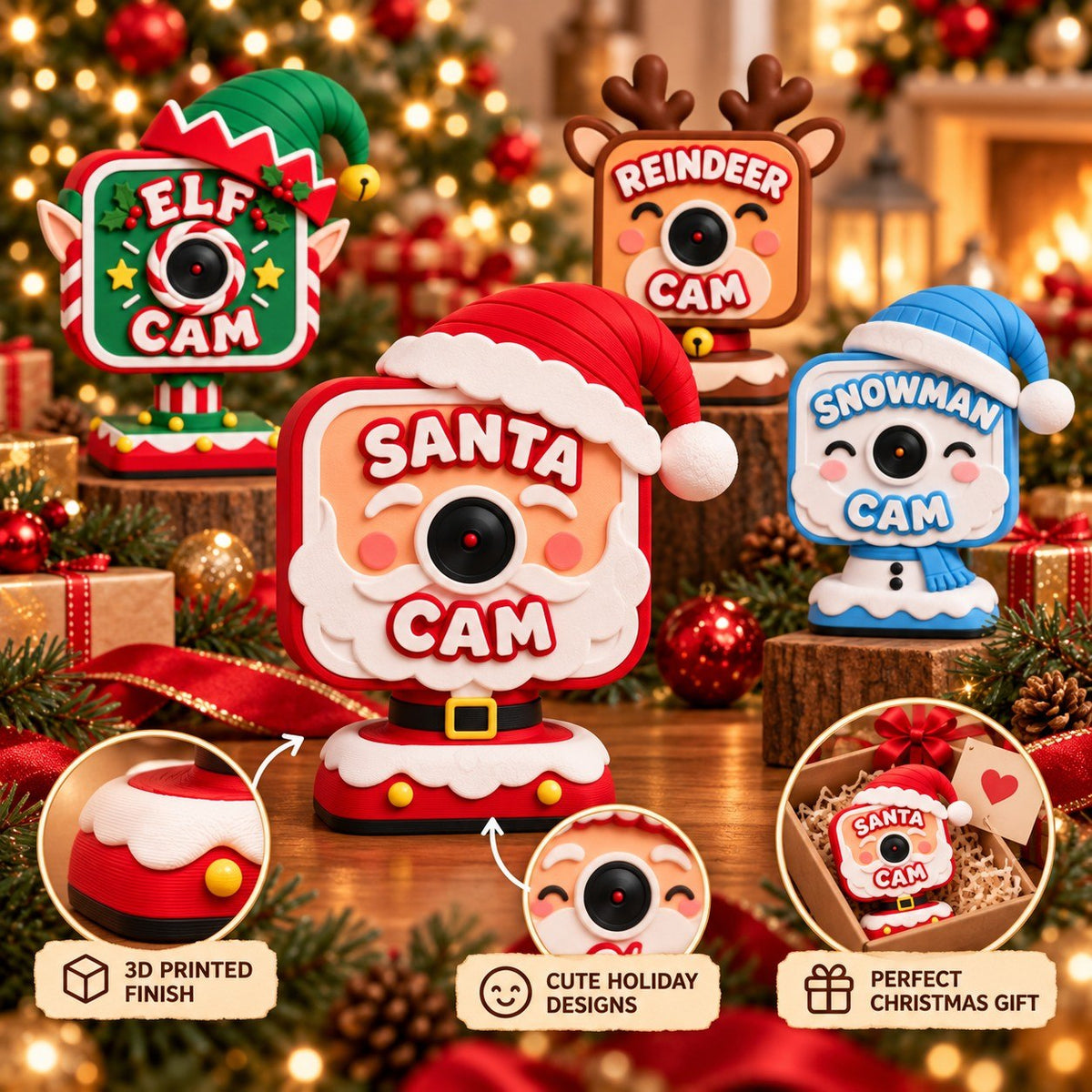 Christmas Camera 3D Printed – Cute Santa, Elf, Reindeer & Snowman Holiday Camera Decoration, Christmas Gift