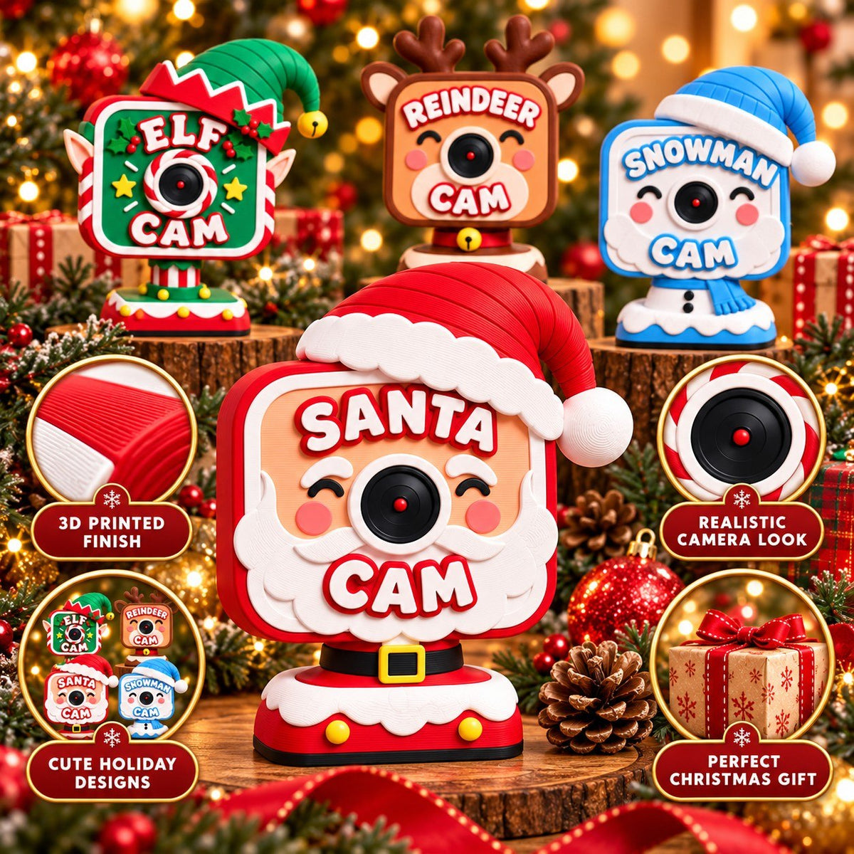 Christmas Camera 3D Printed – Cute Santa, Elf, Reindeer & Snowman Holiday Camera Decoration, Christmas Gift