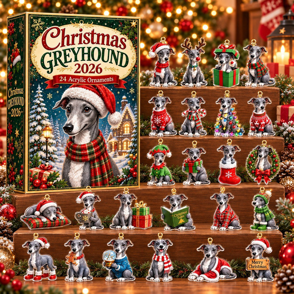 Christmas Greyhound Advent Calendar 2026 – 24 Days of Greyhound Acrylic Ornaments, Christmas Countdown Gift for Dog Lovers