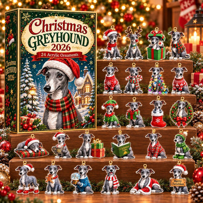 Christmas Greyhound Advent Calendar 2026 – 24 Days of Greyhound Acrylic Ornaments, Christmas Countdown Gift for Dog Lovers