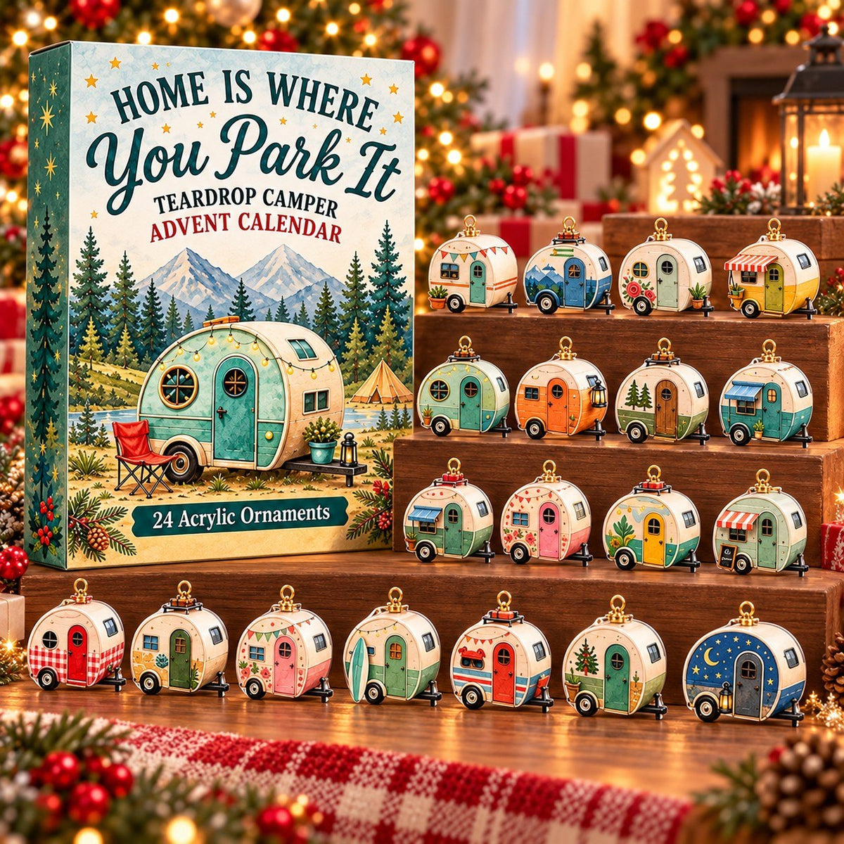 Teardrop Camper Advent Calendar 2026 – 24 Acrylic Ornaments, Christmas Countdown Gift for Camping & RV Lovers
