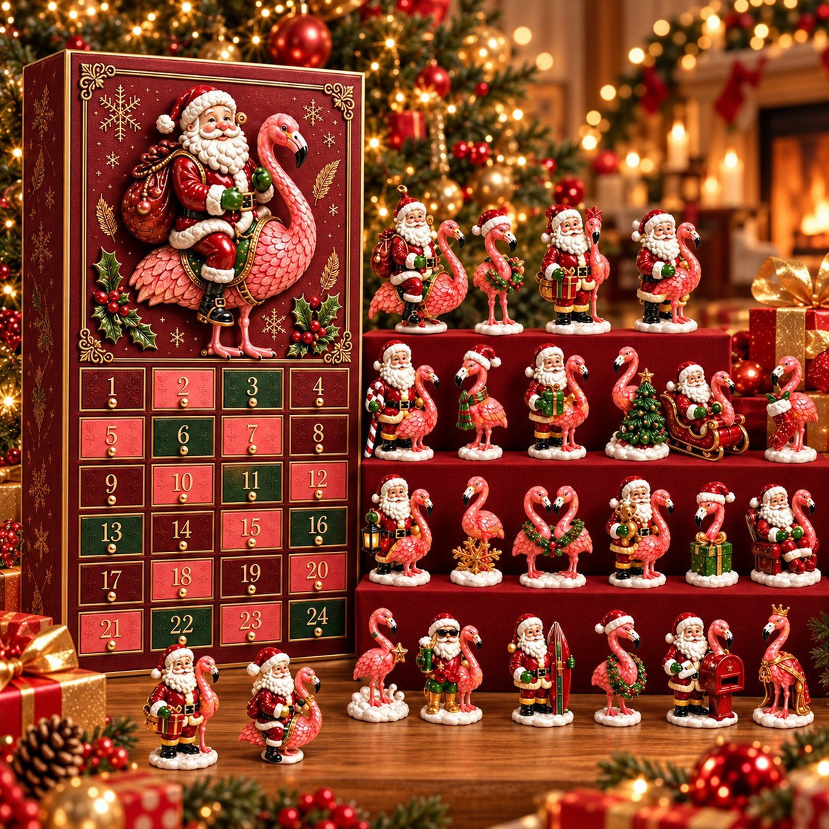 Santa & Flamingo Christmas Advent Calendar 2026 – 24 Days of Tropical Christmas, Cute Flamingo Collectible Figurines