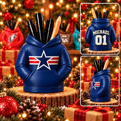 Personalized Football Hoodie Pen Holder – Custom Name & Number 3D Printed Desk Organizer, Christmas Gift for Football Fans