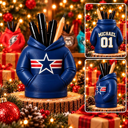 Personalized Football Hoodie Pen Holder – Custom Name & Number 3D Printed Desk Organizer, Christmas Gift for Football Fans