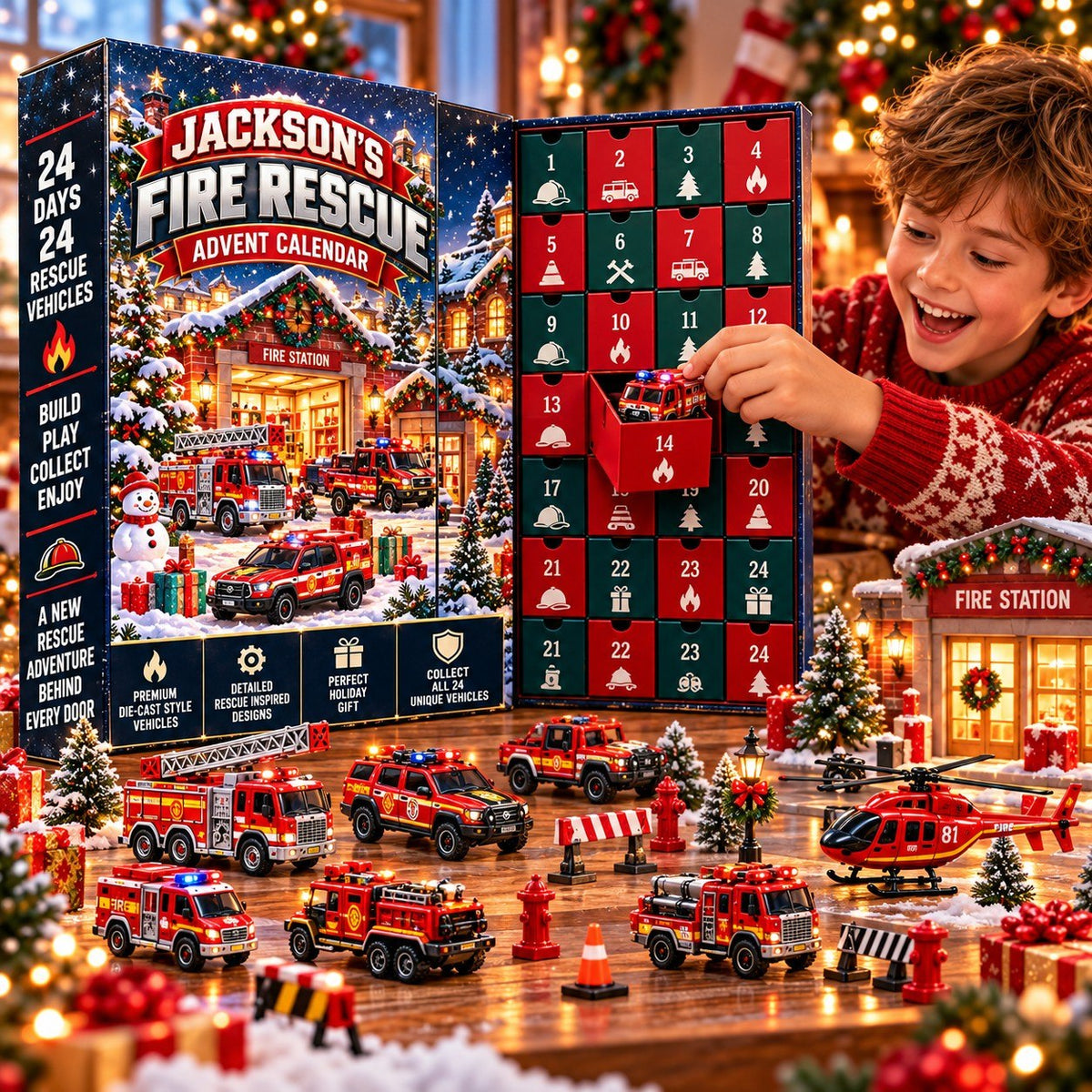 Personalized Fire Rescue Advent Calendar 2026 – Fire Trucks & Rescue Vehicles, Christmas Gift for Firefighter Fans