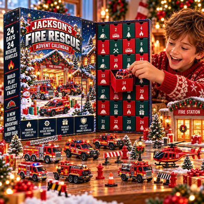Personalized Fire Rescue Advent Calendar 2026 – Fire Trucks & Rescue Vehicles, Christmas Gift for Firefighter Fans
