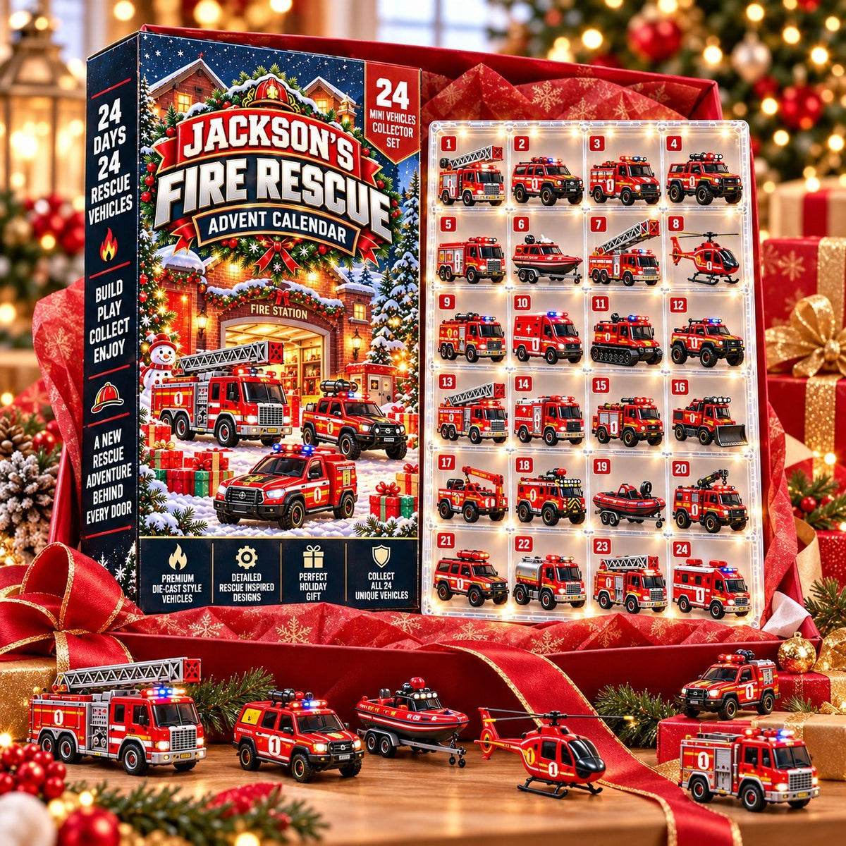 Personalized Fire Rescue Advent Calendar 2026 – Fire Trucks & Rescue Vehicles, Christmas Gift for Firefighter Fans