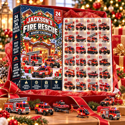 Personalized Fire Rescue Advent Calendar 2026 – Fire Trucks & Rescue Vehicles, Christmas Gift for Firefighter Fans