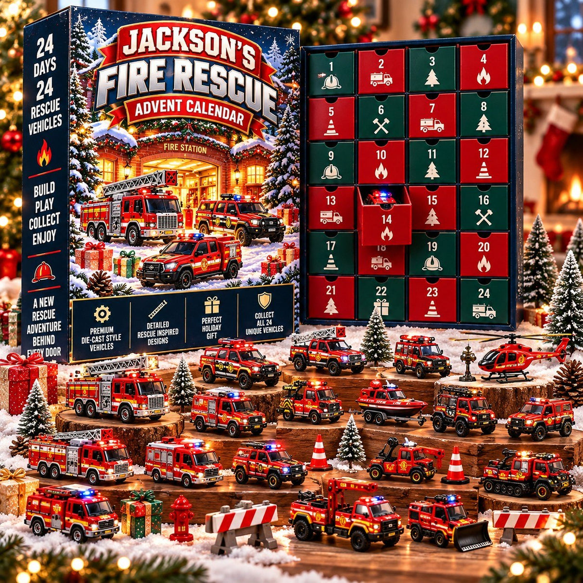 Personalized Fire Rescue Advent Calendar 2026 – Fire Trucks & Rescue Vehicles, Christmas Gift for Firefighter Fans