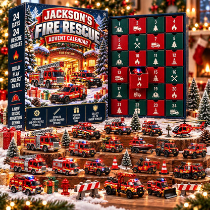 Personalized Fire Rescue Advent Calendar 2026 – Fire Trucks & Rescue Vehicles, Christmas Gift for Firefighter Fans