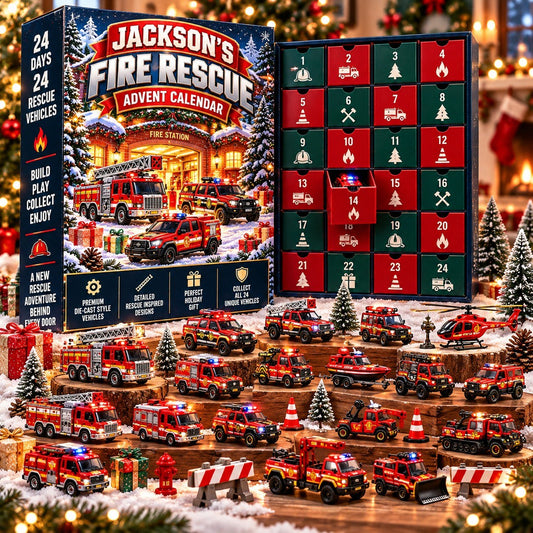 Personalized Fire Rescue Advent Calendar 2026 – Fire Trucks & Rescue Vehicles, Christmas Gift for Firefighter Fans