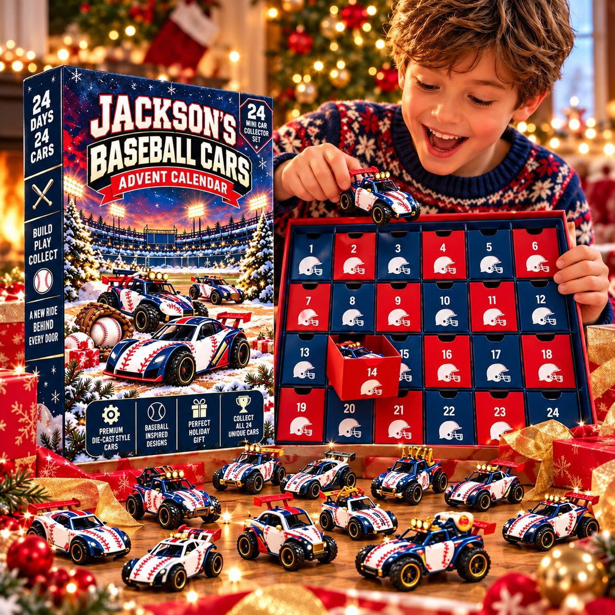 Personalized Baseball Cars Advent Calendar 2026 –  Christmas Gift for Baseball Fans