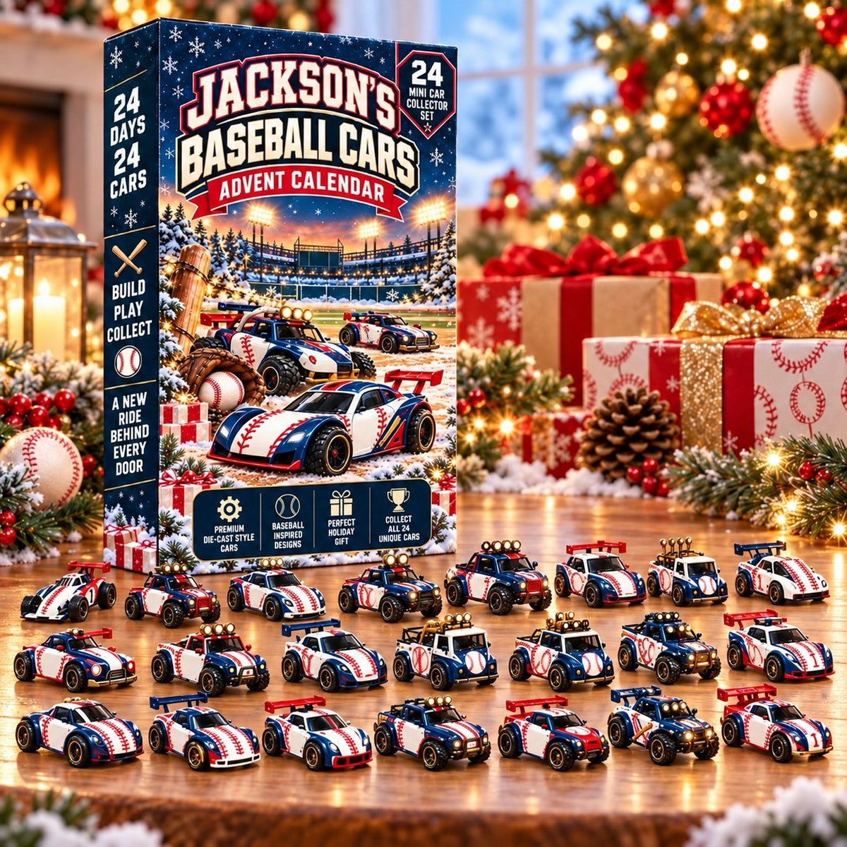 Personalized Baseball Cars Advent Calendar 2026 –  Christmas Gift for Baseball Fans