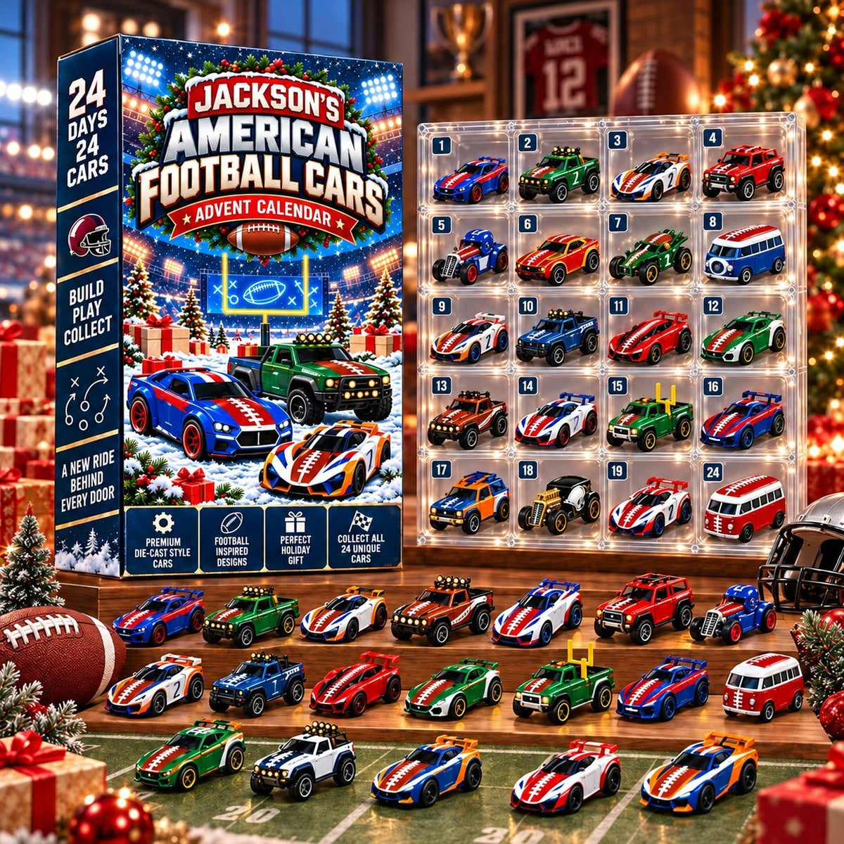 Personalized American Football Cars Advent Calendar 2026 – Christmas Countdown Gift for Football Fans