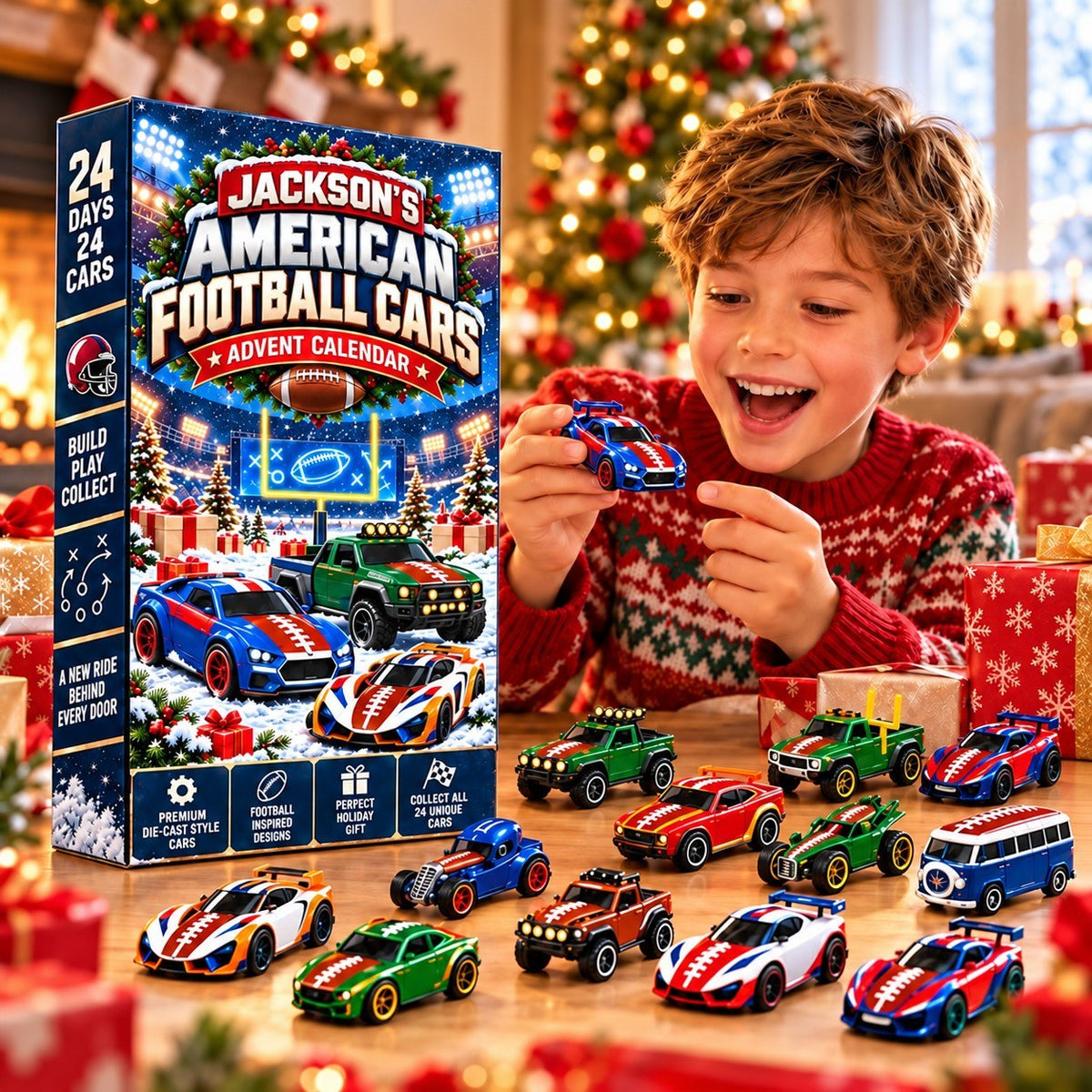 Personalized American Football Cars Advent Calendar 2026 – Christmas Countdown Gift for Football Fans