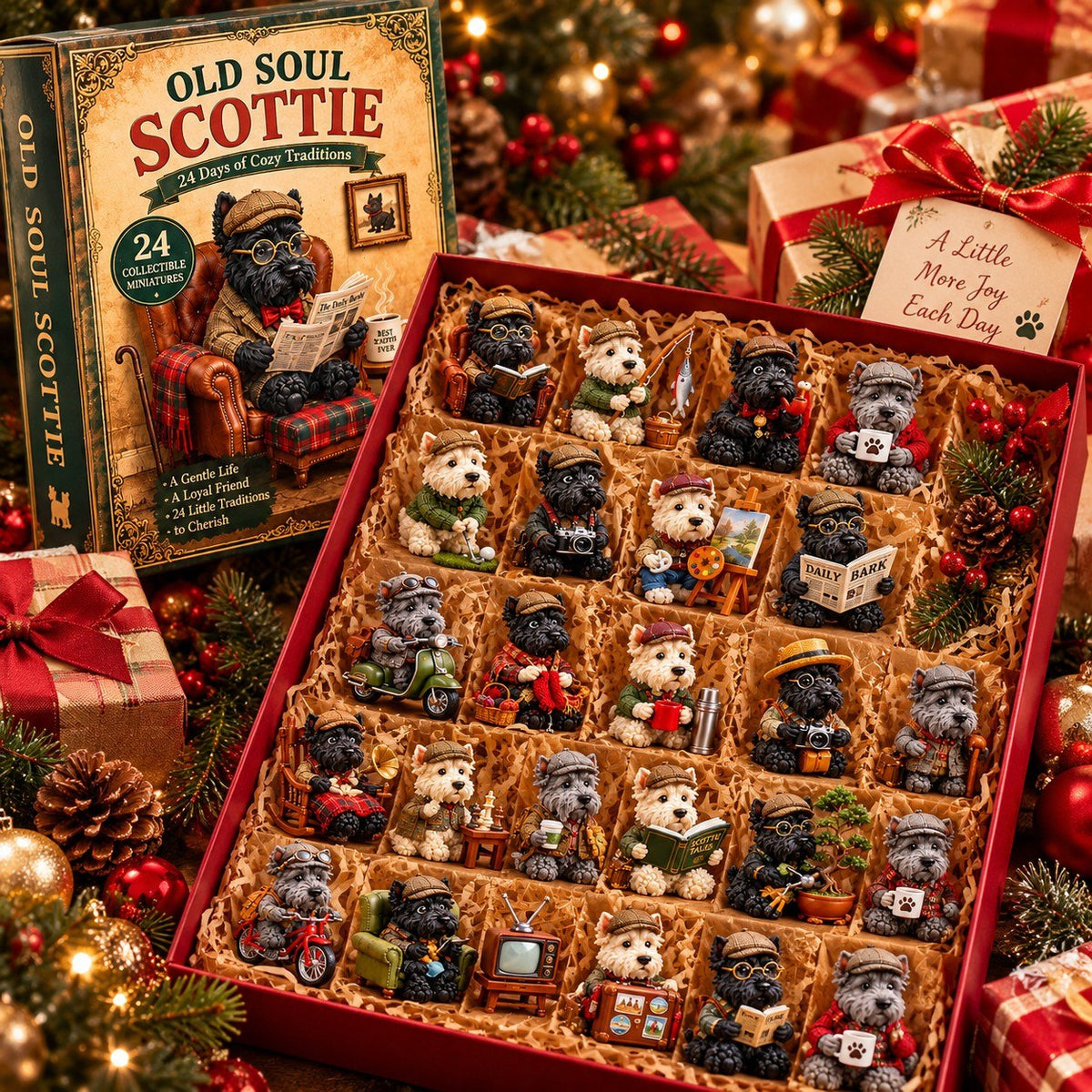 Old Soul Scottie Christmas Advent Calendar – 24 Collectible Scottish Terrier Miniatures, Vintage Dog Advent Calendar, Christmas Gift for Scottie Lovers
