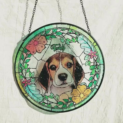 Personalized Pet Portrait Stained Glass Suncatcher – Custom Pet Photo Memorial Window Hanging, Pet Keepsake Gift