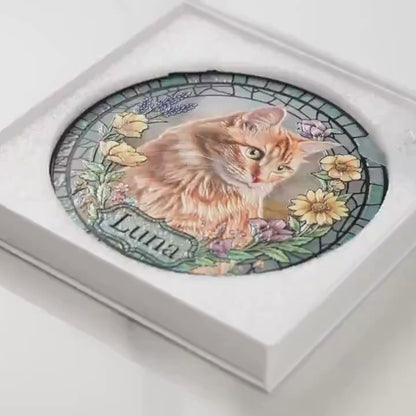 Personalized Pet Portrait Hippie Stained Glass Suncatcher – Custom Pet Name, Floral Peace Window Hanging Gift