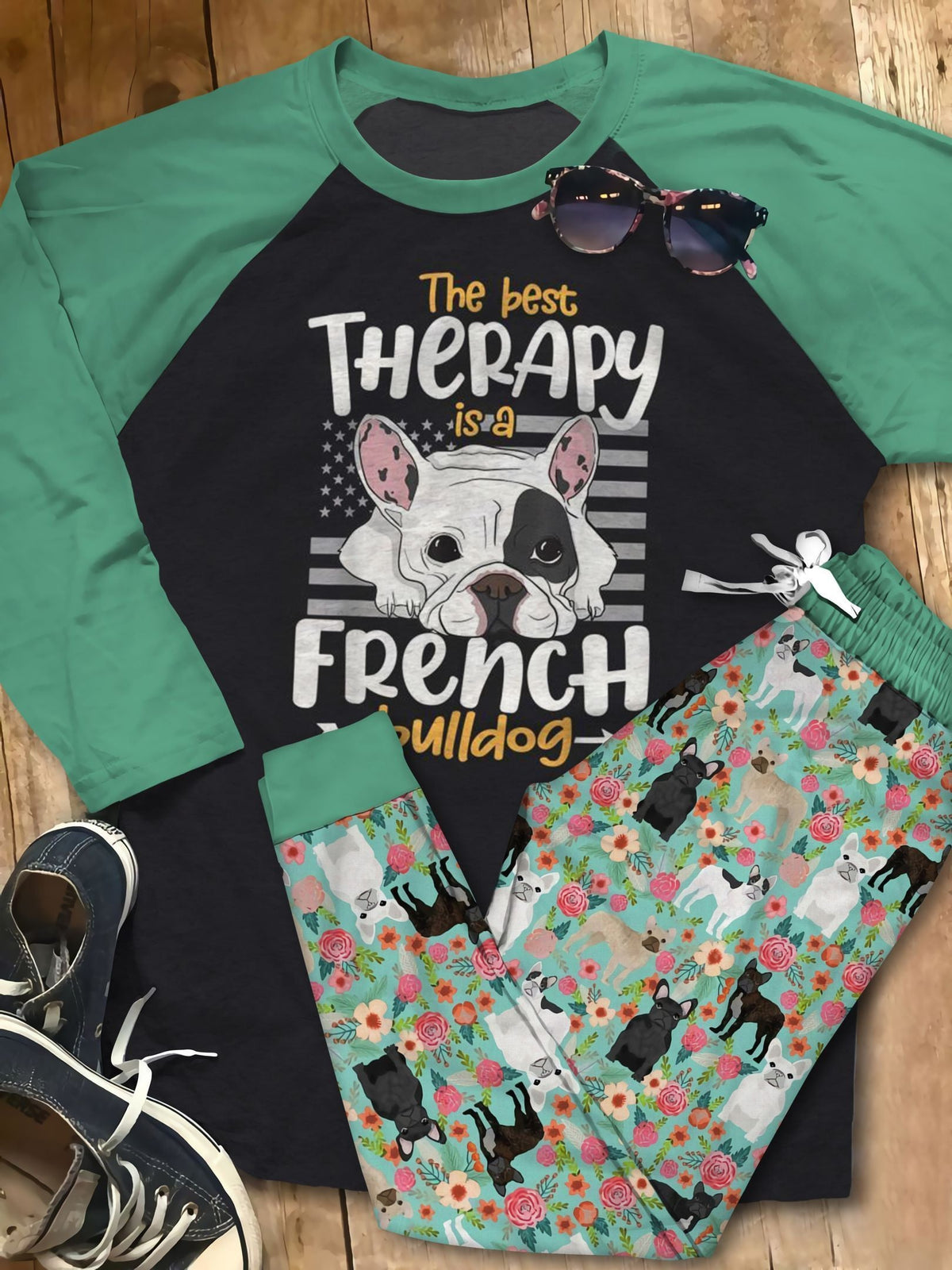 French Bulldog Therapy Pajama Set |Sleepwear Pjs Sets | Raglan Shirt Pants Set