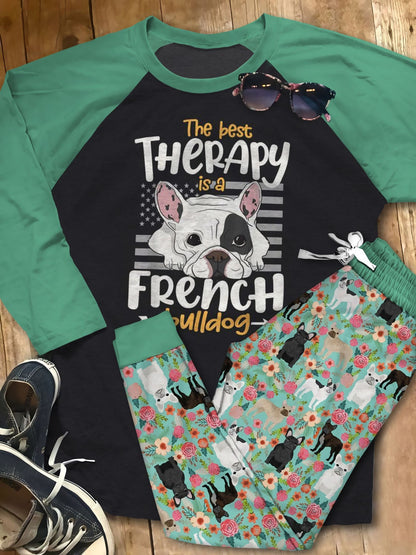 French Bulldog Therapy Pajama Set |Sleepwear Pjs Sets | Raglan Shirt Pants Set
