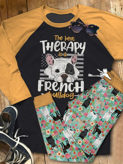 French Bulldog Therapy Pajama Set |Sleepwear Pjs Sets | Raglan Shirt Pants Set
