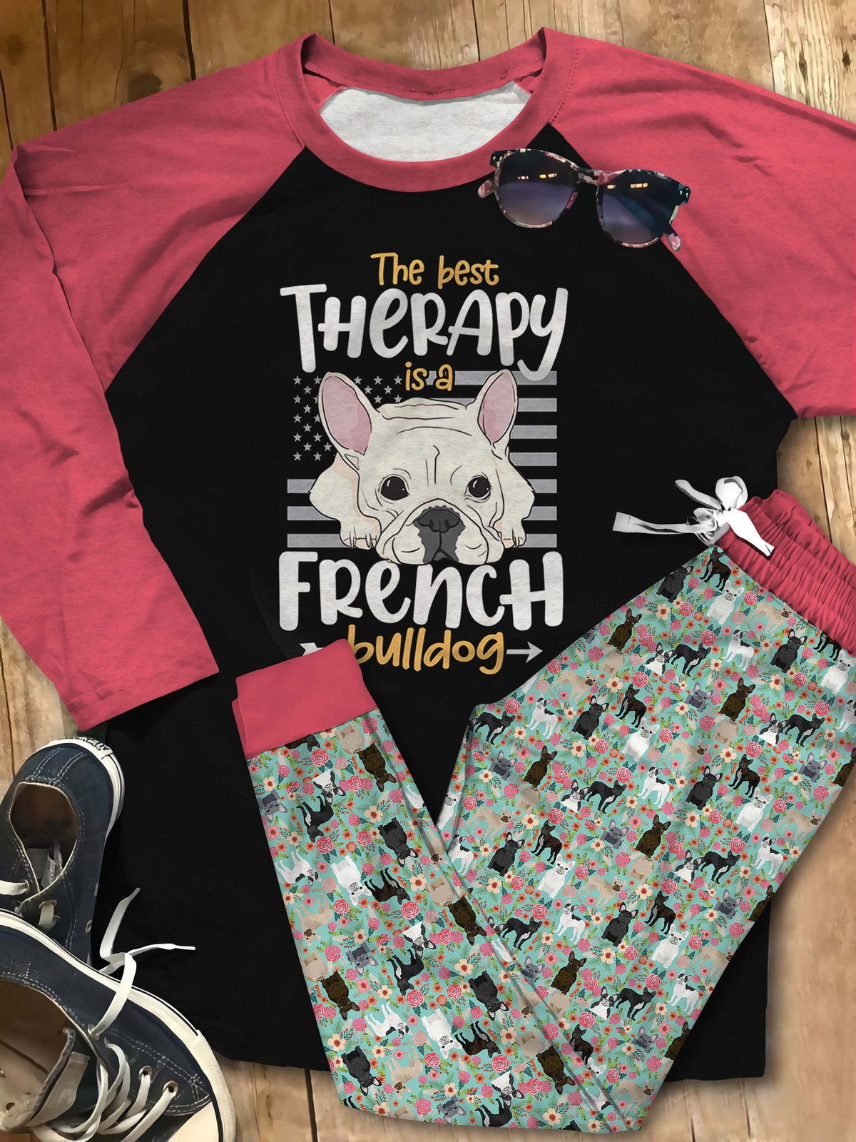 French Bulldog Therapy Pajama Set |Sleepwear Pjs Sets | Raglan Shirt Pants Set