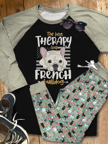 French Bulldog Therapy Pajama Set |Sleepwear Pjs Sets | Raglan Shirt Pants Set