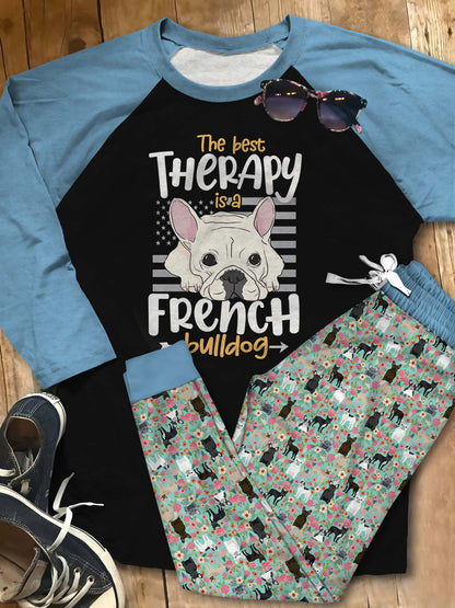 French Bulldog Therapy Pajama Set |Sleepwear Pjs Sets | Raglan Shirt Pants Set