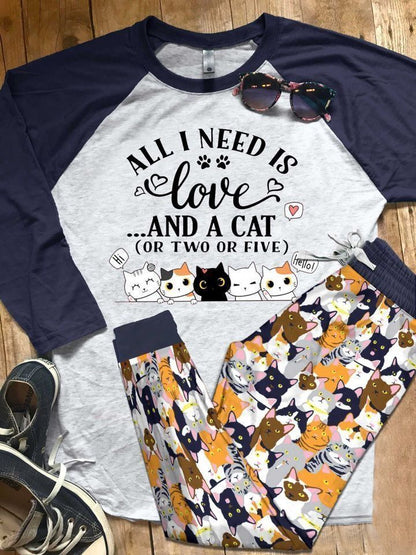 Cat All I Need Purple Good Pajama Set |Sleepwear Pjs Sets | Raglan Shirt Pants Set