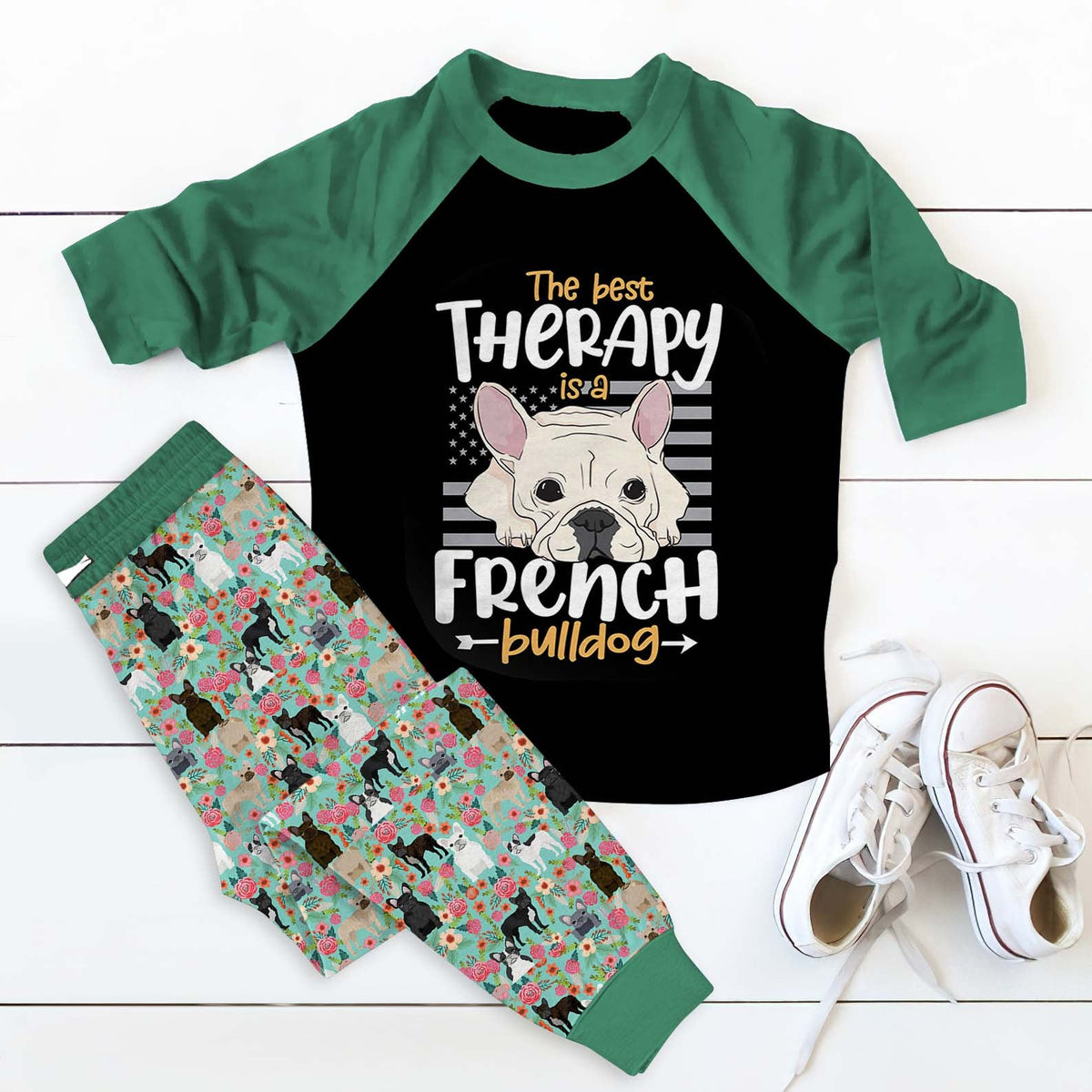 French Bulldog Therapy Pajama Set |Sleepwear Pjs Sets | Raglan Shirt Pants Set