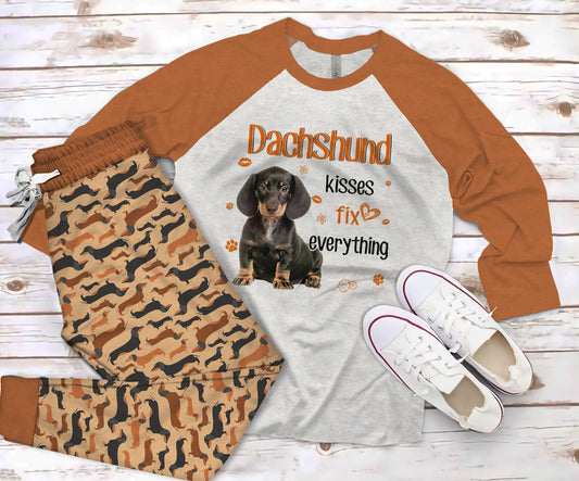 Dachshund Fix Everything Orange Awesome Pajama Set |Sleepwear Pjs Sets | Raglan Shirt Pants Set
