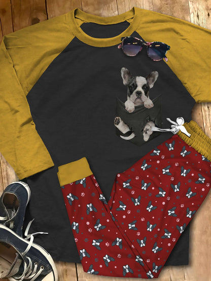 French Bulldog Maroon Unique Pajama Set |Sleepwear Pjs Sets | Raglan Shirt Pants Set
