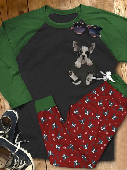 French Bulldog Maroon Unique Pajama Set |Sleepwear Pjs Sets | Raglan Shirt Pants Set