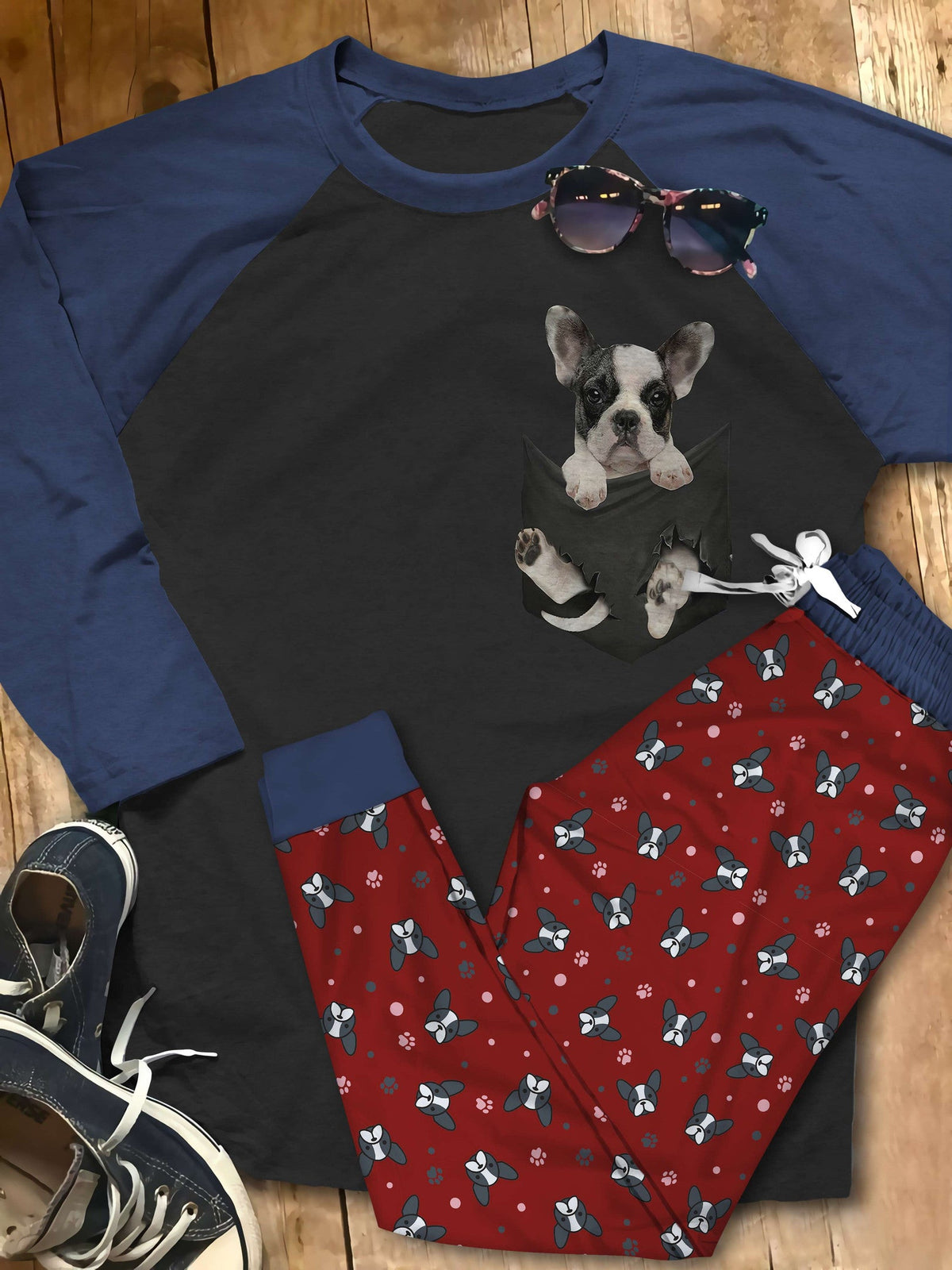 French Bulldog Maroon Unique Pajama Set |Sleepwear Pjs Sets | Raglan Shirt Pants Set