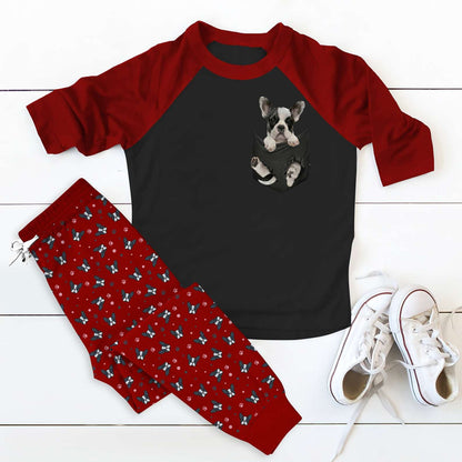 French Bulldog Maroon Unique Pajama Set |Sleepwear Pjs Sets | Raglan Shirt Pants Set