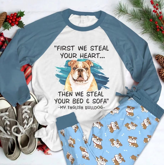English Bulldog Steal Blue Awesome Pajama Set |Sleepwear Pjs Sets | Raglan Shirt Pants Set