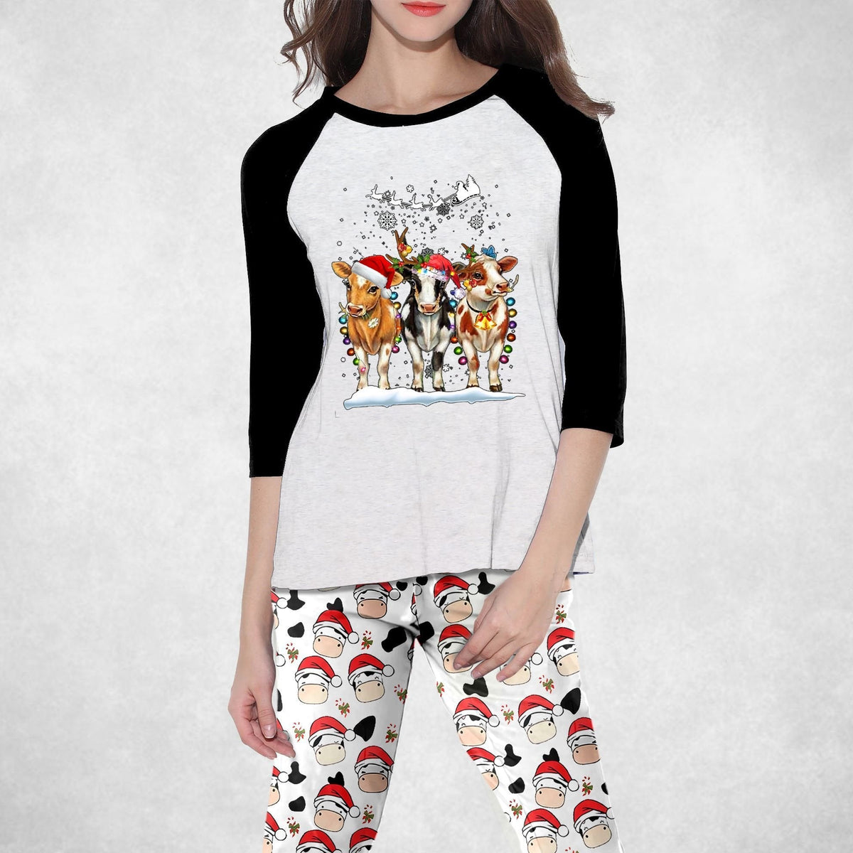 Cow Christmas Pajama Set |Sleepwear Pjs Sets | Raglan Shirt Pants Set