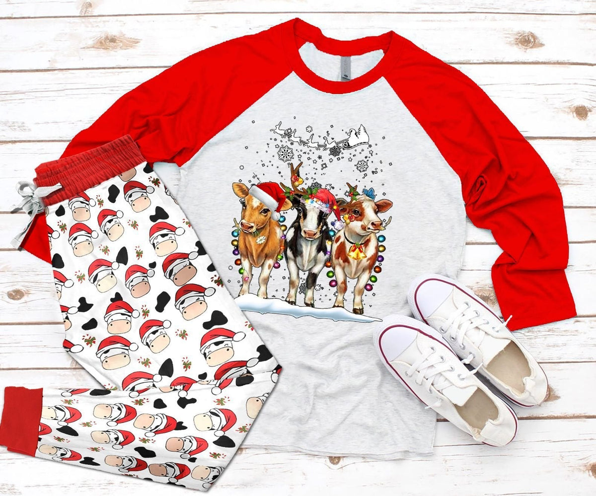 Cow Christmas Pajama Set |Sleepwear Pjs Sets | Raglan Shirt Pants Set