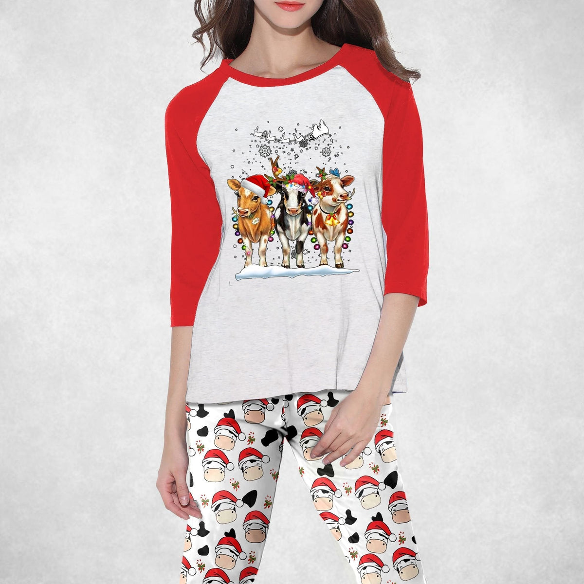 Cow Christmas Pajama Set |Sleepwear Pjs Sets | Raglan Shirt Pants Set