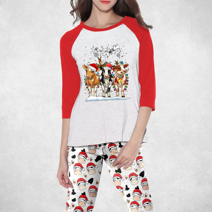 Cow Christmas Pajama Set |Sleepwear Pjs Sets | Raglan Shirt Pants Set