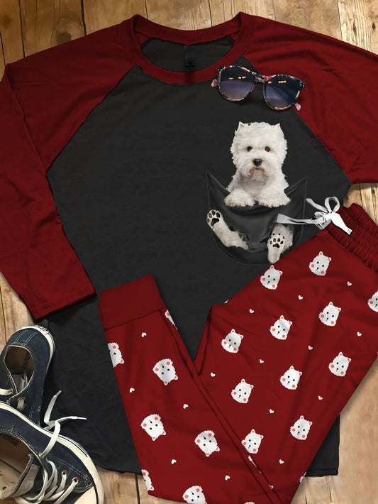 West Highland White Terrier Pocket Pajama Set |Sleepwear Pjs Sets | Raglan Shirt Pants Set