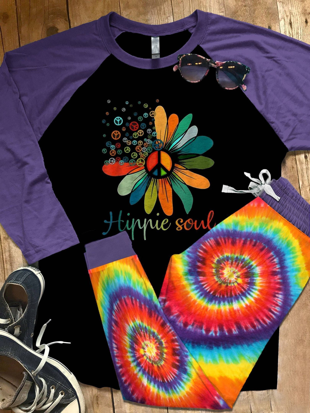 Hippie Set Hippie Soul Tie Dye Pajama Set |Sleepwear Pjs Sets | Raglan Shirt Pants Set