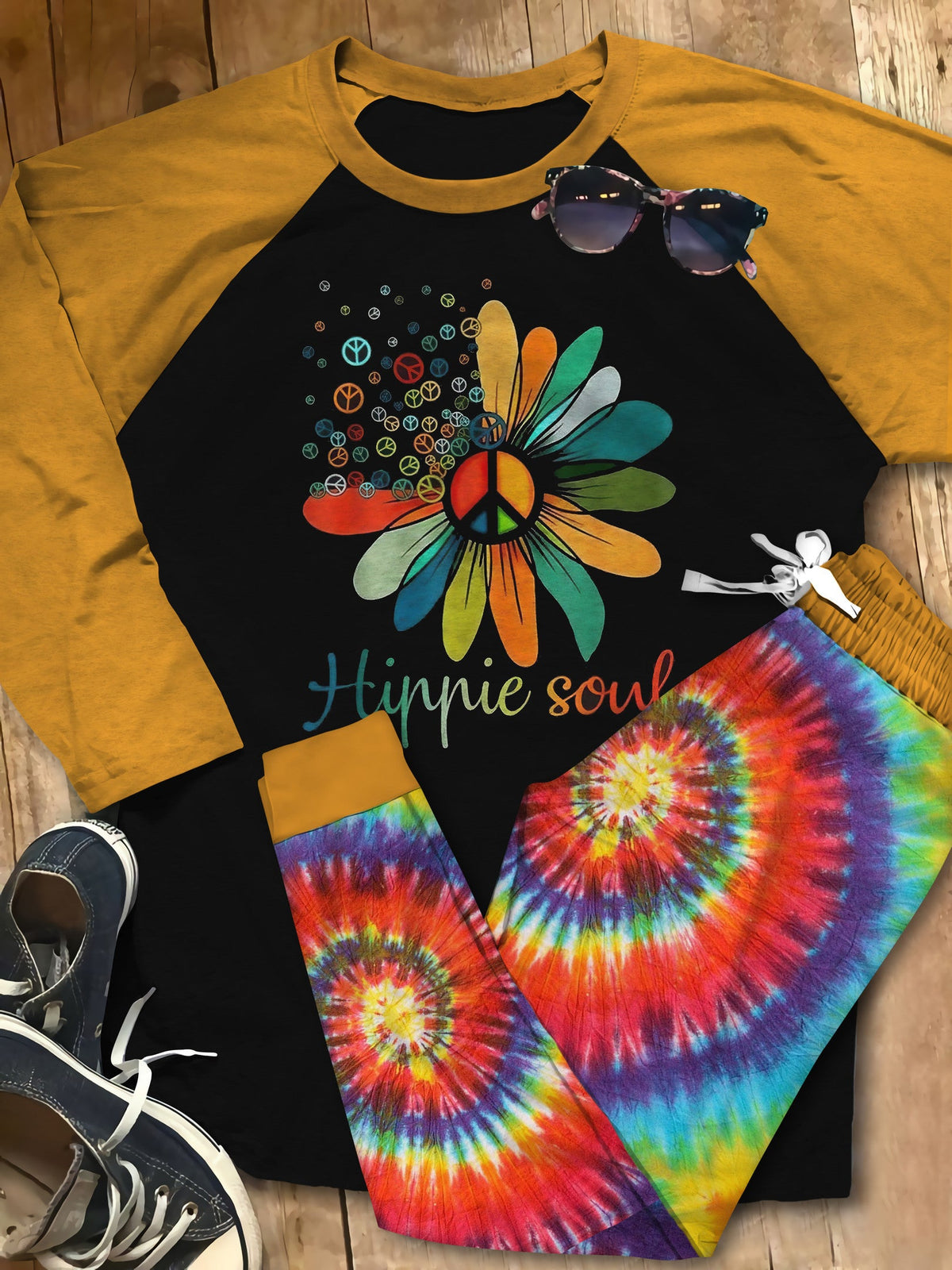 Hippie Set Hippie Soul Tie Dye Pajama Set |Sleepwear Pjs Sets | Raglan Shirt Pants Set