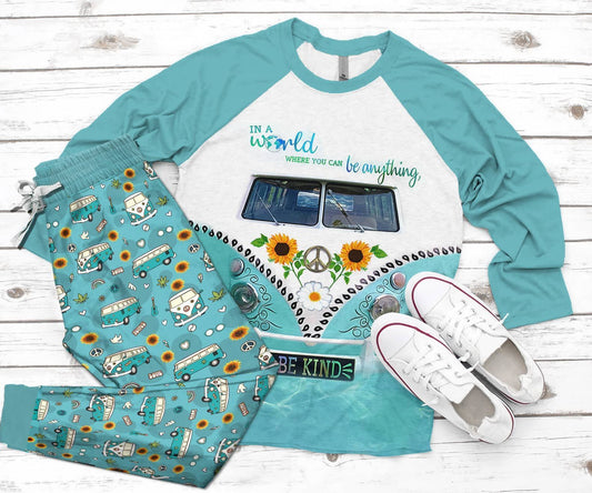 Hippie Set Be Kind Pajama Set |Sleepwear Pjs Sets | Raglan Shirt Pants Set