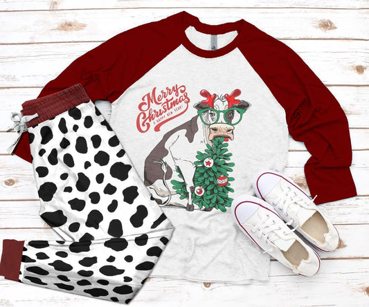 Chrismas Cow Burgundy Nice Pajama Set |Sleepwear Pjs Sets | Raglan Shirt Pants Set