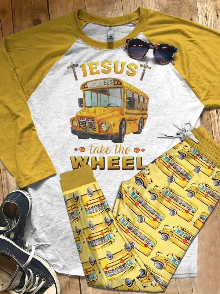 Bus Driver Jesus Take The Wheel Yeloow Unique Pajama Set |Sleepwear Pjs Sets | Raglan Shirt Pants Set