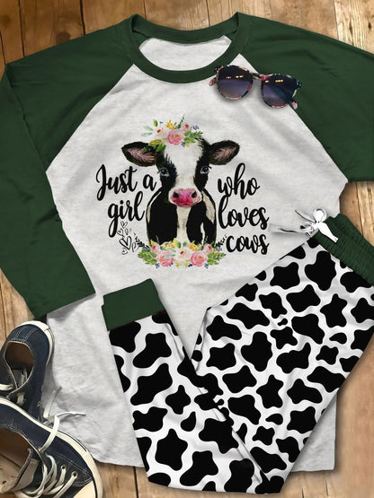 Cow Just A Girl Who Loves Cows Wm Awesome Pajama Set |Sleepwear Pjs Sets | Raglan Shirt Pants Set