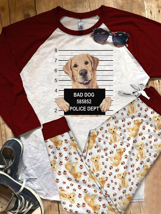 Labrador Retriever Bad Dog Red Amazing Pajama Set |Sleepwear Pjs Sets | Raglan Shirt Pants Set