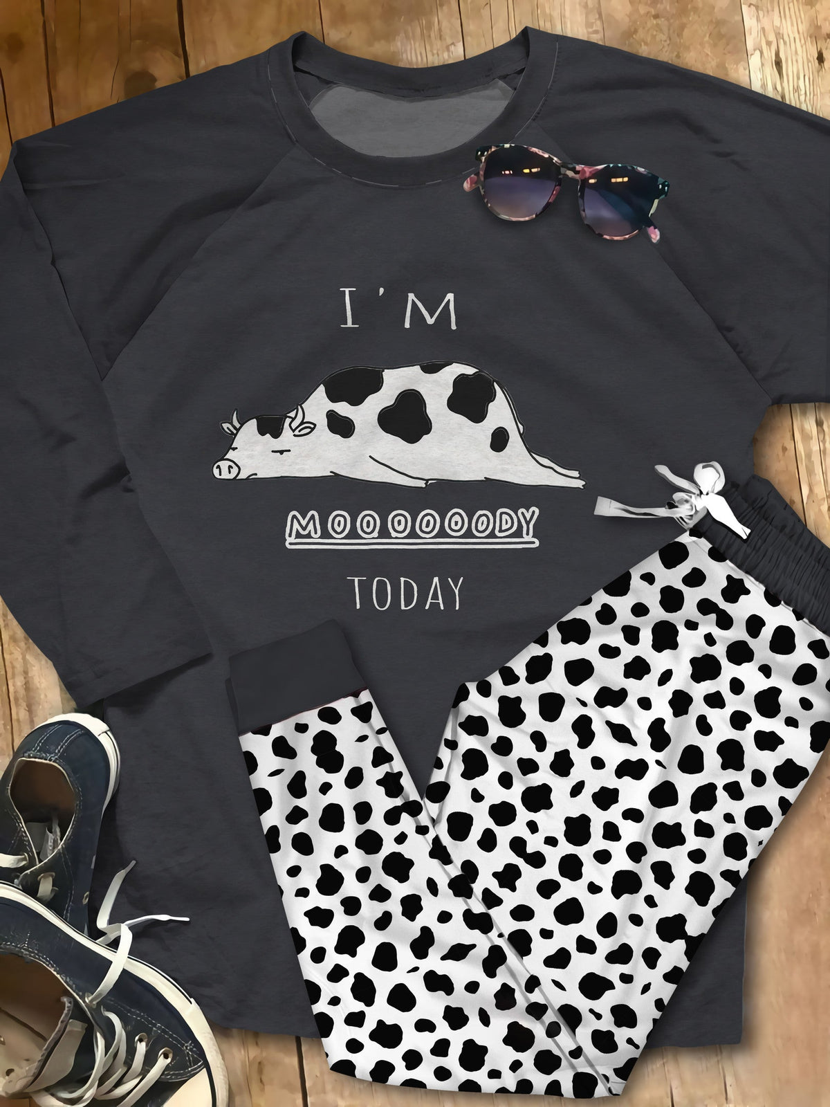 Cow Black Unique Pajama Set |Sleepwear Pjs Sets | Raglan Shirt Pants Set